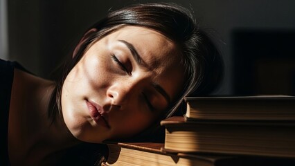Freckled young woman sleeping with head resting on books