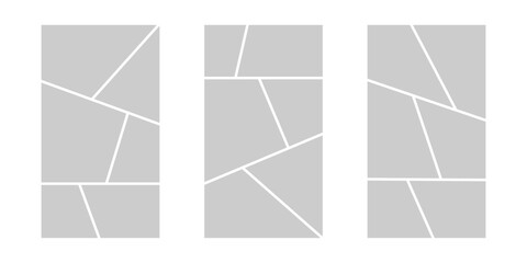 Image collage layout template. Grey mosaic mood board grid collection. Picture frame set. Photo album idea for banner, poster, comic page, flyer, brochure, booklet, memory wall design. Vector pack