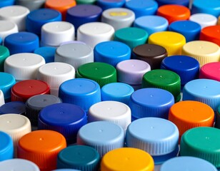 Close-up of various plastic bottle caps in a vibrant color scheme