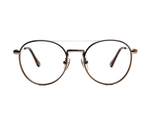 Round-frame eyeglasses with a double brow bar, set against a black backdrop