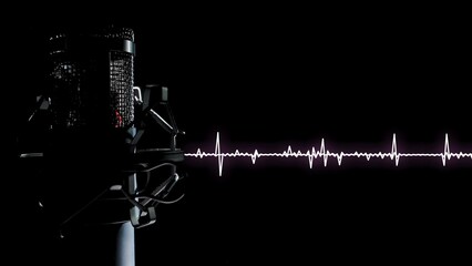 Studio microphone glowing neon light with a dynamic sound wave on a black background, symbolizing...