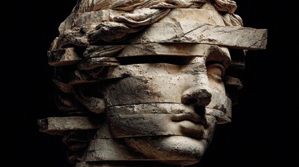 An artistic statue of an ancient figure's head with a unique sliced design against a dark backdrop