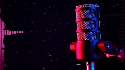 A studio microphone glowing neon light with digital equalizer bands on a black background,...