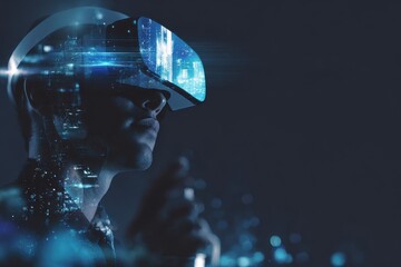 A person wearing virtual reality headset. The person is immersed in a futuristic digital world, showcasing technology