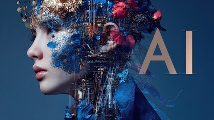 A futuristic AI concept: a woman's face blends seamlessly with technological elements
