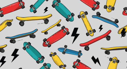 Obraz premium Vibrant Skateboard Pattern Seamless Design for Youthful Lifestyle and Extreme Sports Graphics.