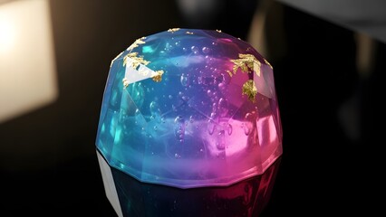 Abstract geometric object with vibrant colors and gold accents reflecting light