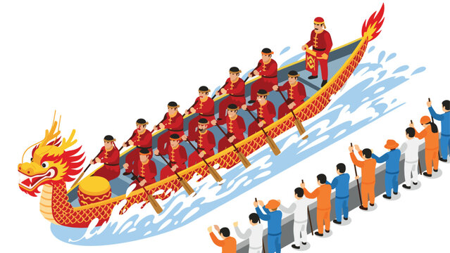 Dragon boat race celebration with rowers and spectators in isometric style