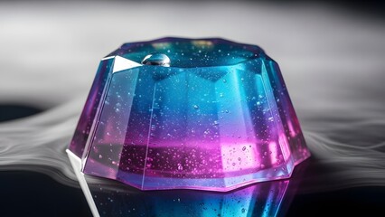 Abstract geometric object with vibrant colors and reflection in studio setting