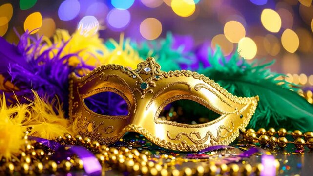 Close-up of ornate golden mask lying on surface, with green, purple, and yellow feathers and beads scattered around.