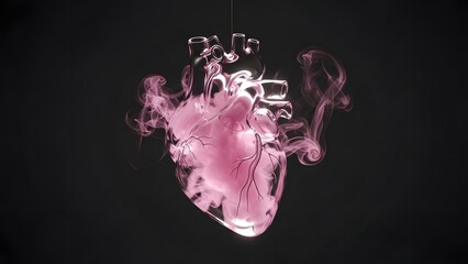 Abstract heart form with pink smoke against a dark background conceptual art