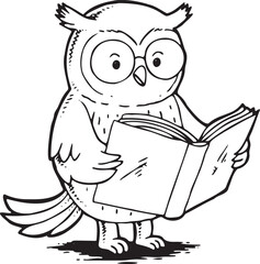 Fototapeta premium Black and white line art illustration of an owl reading a book. Hand drawn outline style suitable for education, reading concept, World Read Aloud Day, logo, t-shirt, poster, coloring book