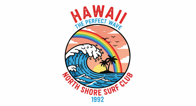 Vintage Hawaii North Shore Surf Club 1992 Retro Vector Art with Big Wave and Palm Trees.