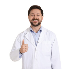 Smiling pharmacist in coat showing thumbs up on white background