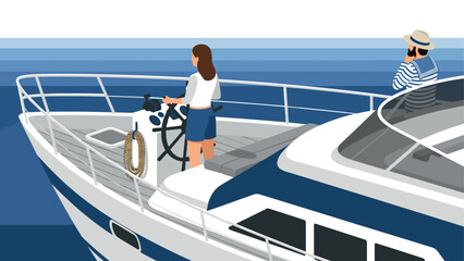 Couple relaxing on luxury yacht in ocean with minimalist flat style design