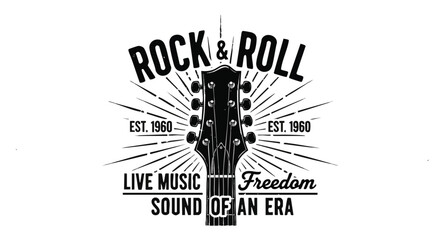 Vintage Rock and Roll Music Guitar Headstock Design with Est. 1960 and Live Music Freedom Slogan.