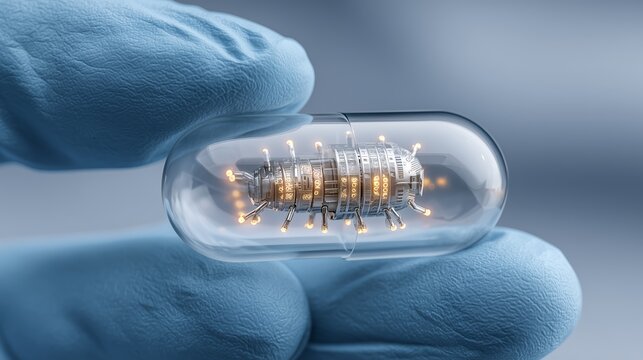 A blue-gloved hand holds a capsule with a nanodevice. Transparent shell, metal microbot with LEDs inside, sterile laboratory scene, cool tones.