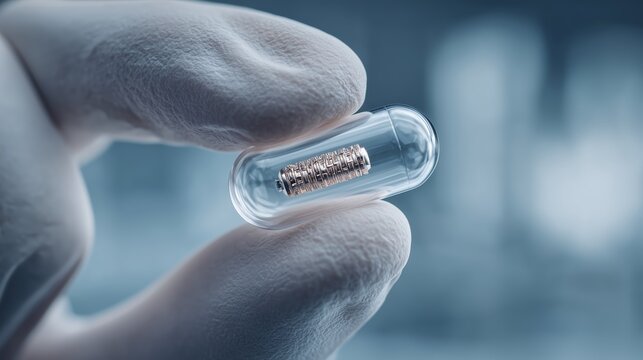 Gloved hand holding transparent capsule with microchip tracker. Close-up medical or biotech concept, implant device in pill form, blurred laboratory background, no people visible.
