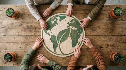 Round wooden puzzle of world map with green leaf motif on rustic table surrounded by four people collaborating on assembly, hands touching pieces conveying teamwork and sustainable unity