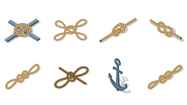 Isometric rope knots and nautical anchor set for marine and sailing design
