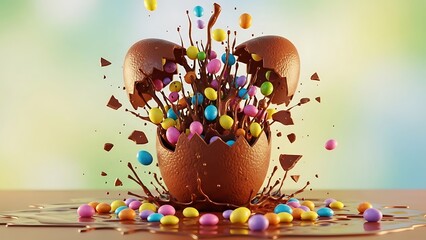 Chocolate Easter egg exploding with candy chocolate egg Happy Easter