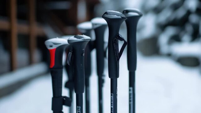 Footage A row of ski poles standing upright on a snowy surface, ready for use