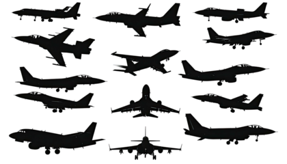 Dark silhouettes of military aircraft against a black background