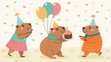 Obraz premium Three capybaras celebrating birthday with cake and balloons