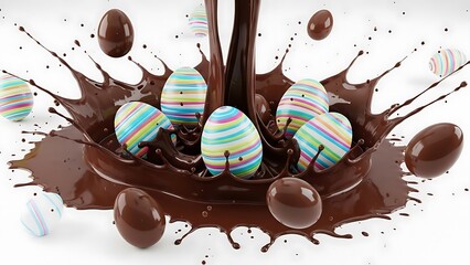 Chocolate splash with striped Easter eggs striped eggs Happy Easter