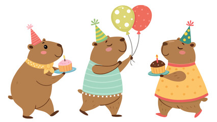 Obraz premium Three capybaras celebrating a birthday with cake and balloons