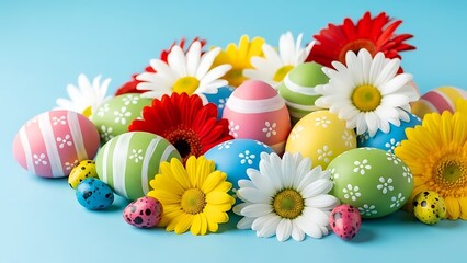 Colorful Easter eggs and flowers colorful eggs Easter celebration Happy Easter