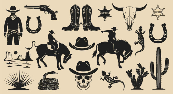 Wild West Vector Icons - Cowboy, Horse, Sheriff, Skull, and Desert Elements for Americana Design.