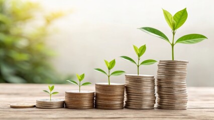 Growth of Green Plants Emerging from Stacked Coins on Wooden Table with Blurred Background