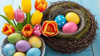 Colorful Easter eggs and tulips on blue wooden table Happy Easter
