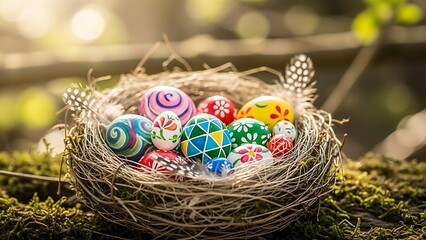 Colorful Easter eggs in a bird's nest on moss colorful eggs Happy Easter
