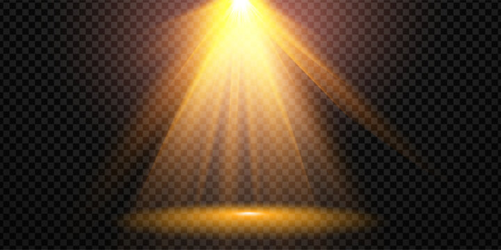 Gold spotlight background with yellow ray effects and golden glow beams. Abstract burst or glitter flare for stage designs. Transparent halo projection or award show gleam for event backdrops.