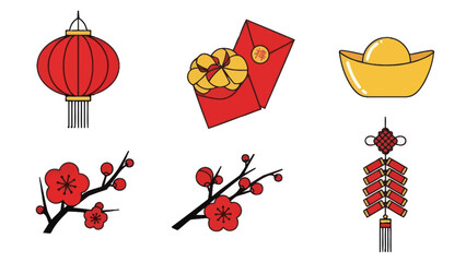 Chinese New Year Icons: Lantern, Red Envelope, Gold Ingot, Plum Blossoms, Firecrackers