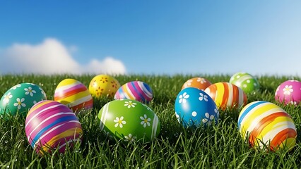Colorful Easter eggs in green grass lawn Happy Easter