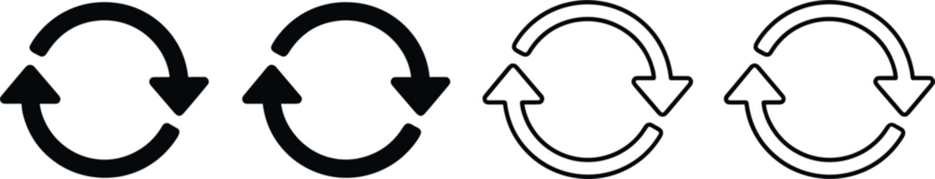 Circular refresh arrows icon set representing reload update sync rotation cycle process symbols minimal vector illustration