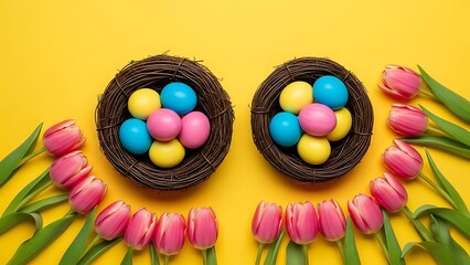 Colorful Easter eggs in nests with pink tulips colorful eggs Happy Easter