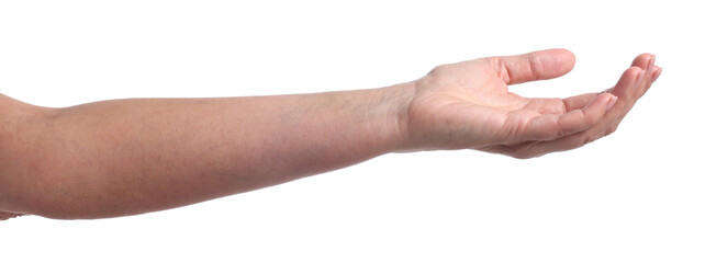Woman holding something on white background, closeup