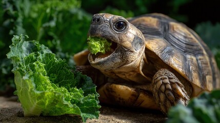 Tortoise Enjoys Fresh Leaf: A close-up captures a tortoise with its captivating gaze enjoying a crisp, fresh leaf, emphasizing its unique shell and gentle nature.