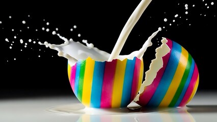 Colorful egg with milk splashing out rainbow egg black background Happy Easter