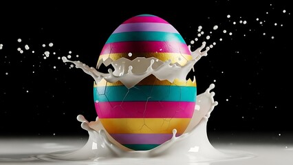 Cracked Easter egg with milk splash cracked egg black background Happy Easter