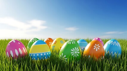 Decorated Easter eggs in green grass under blue sky Happy Easter