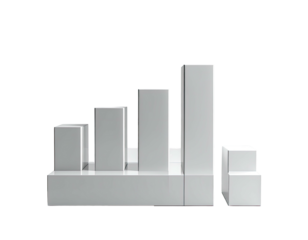 3D-rendered white block chart on black, showing varying heights