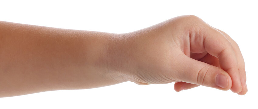Little girl holding something on white background, closeup