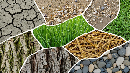 Abstract collage of diverse natural textures including earth grass and stones