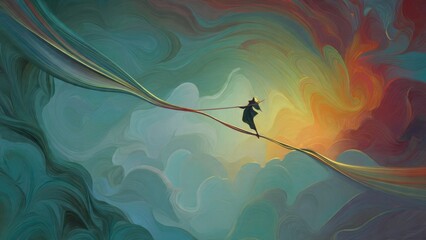 Dreamlike Tightrope Walker in an Abstract Sky