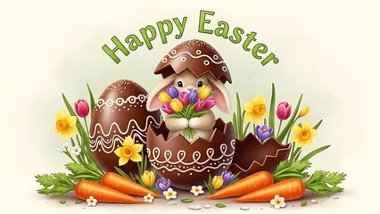 Easter bunny in chocolate eggs and flowers carrots Happy Easter